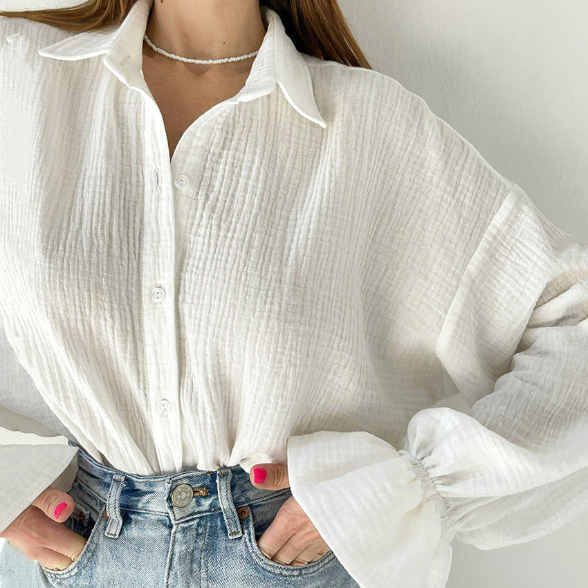 Flared Long Sleeves Pure Cotton White Shirt myETYN