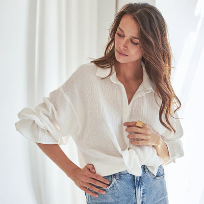 Flared Long Sleeves Pure Cotton White Shirt myETYN