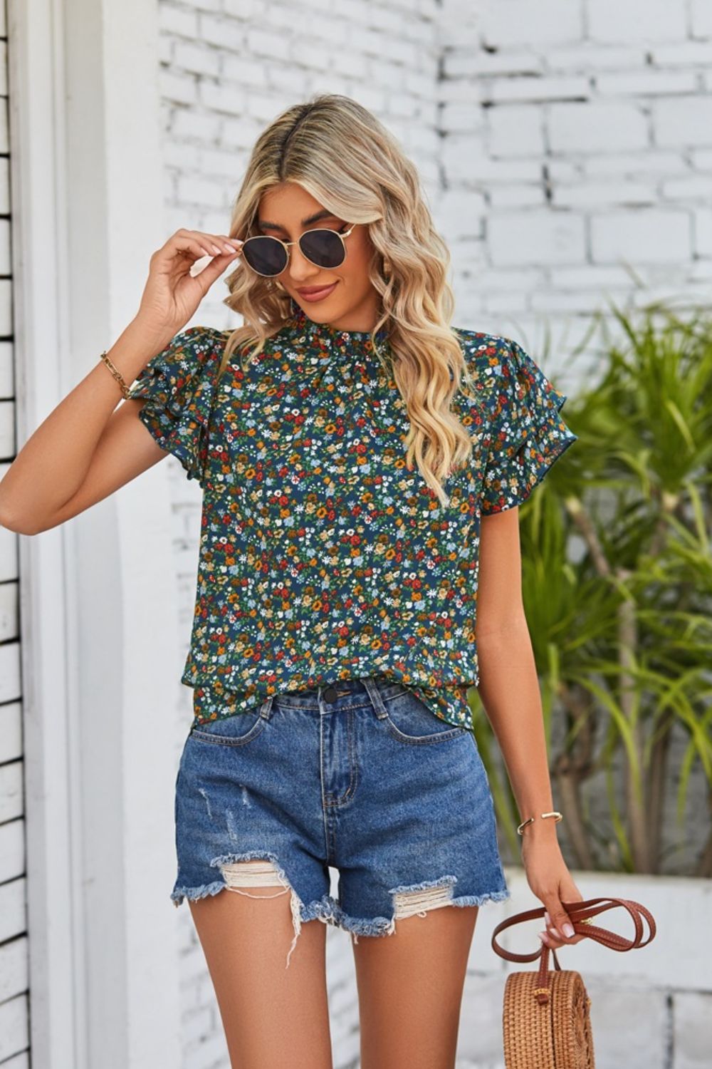 Floral Ruffle Collar Flutter Sleeve Blouse myETYN