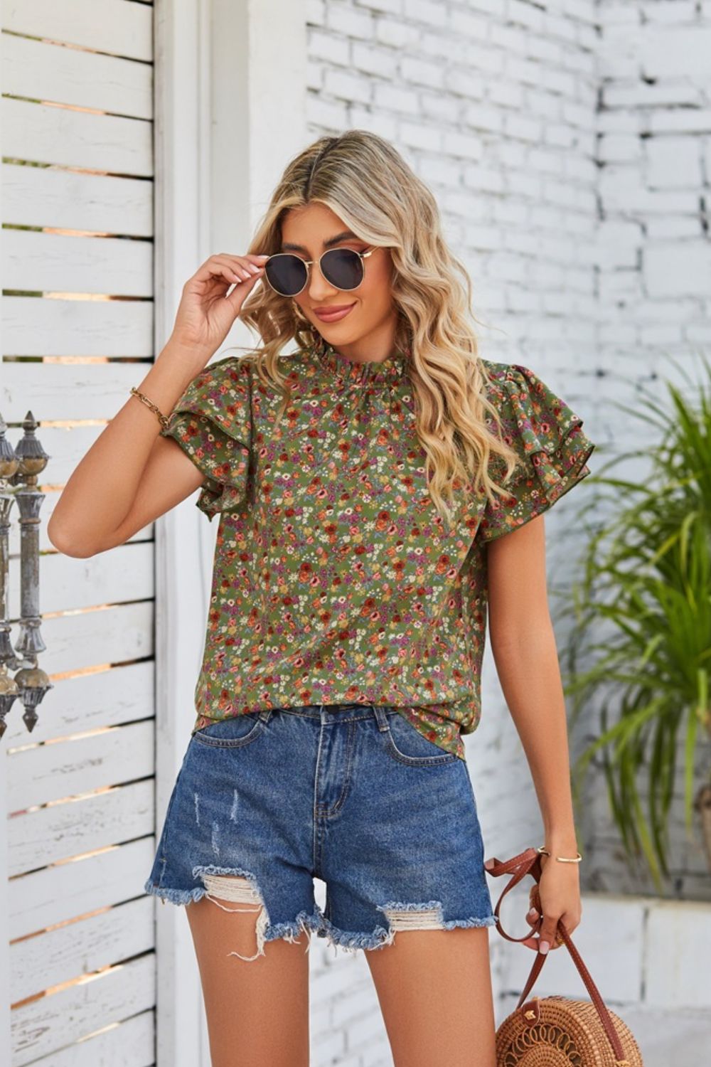 Floral Ruffle Collar Flutter Sleeve Blouse myETYN