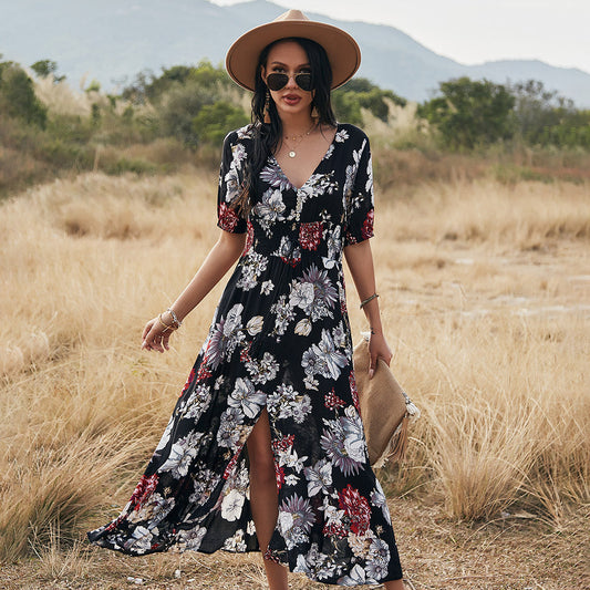 Floral Summer Beach Dress With V Neck Elastic Waist Dresses For Women myETYN