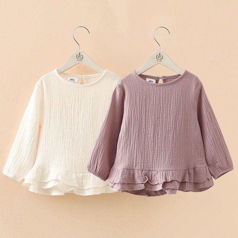 Girls' Ruffle Cotton Linen Long Sleeved T-shirt myETYN