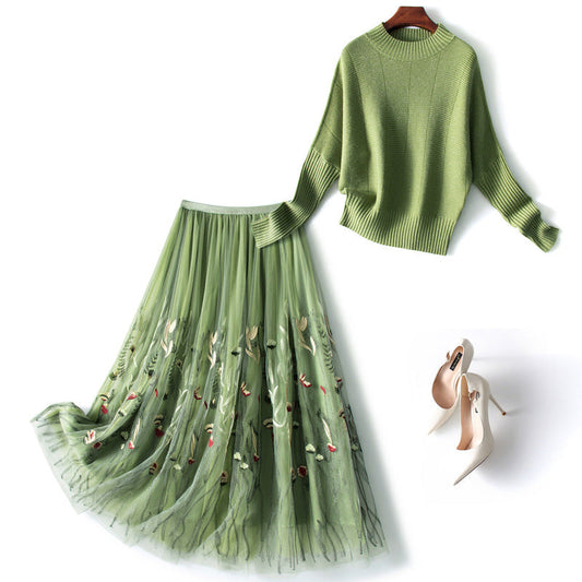 Green Sweater Skirt Two-piece Knitted myETYN