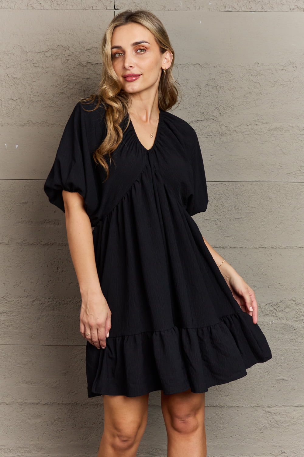 Hailey & Co Comfort Cutie Double V-Neck Puff Sleeve Mini Dress myETYN