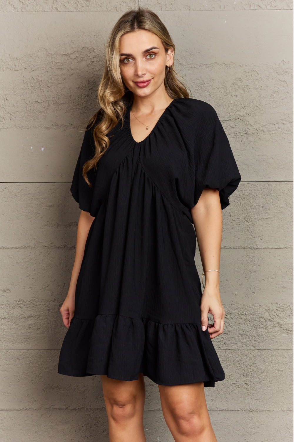 Hailey & Co Comfort Cutie Double V-Neck Puff Sleeve Mini Dress myETYN