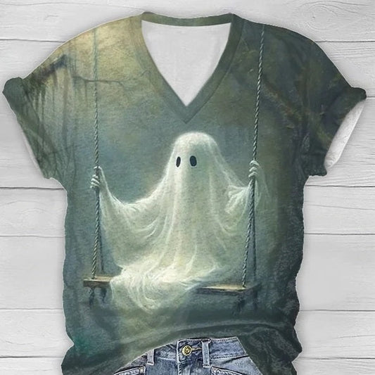 Halloween Pattern Printed Short-sleeved V-neck T-shirt Women's Top myETYN