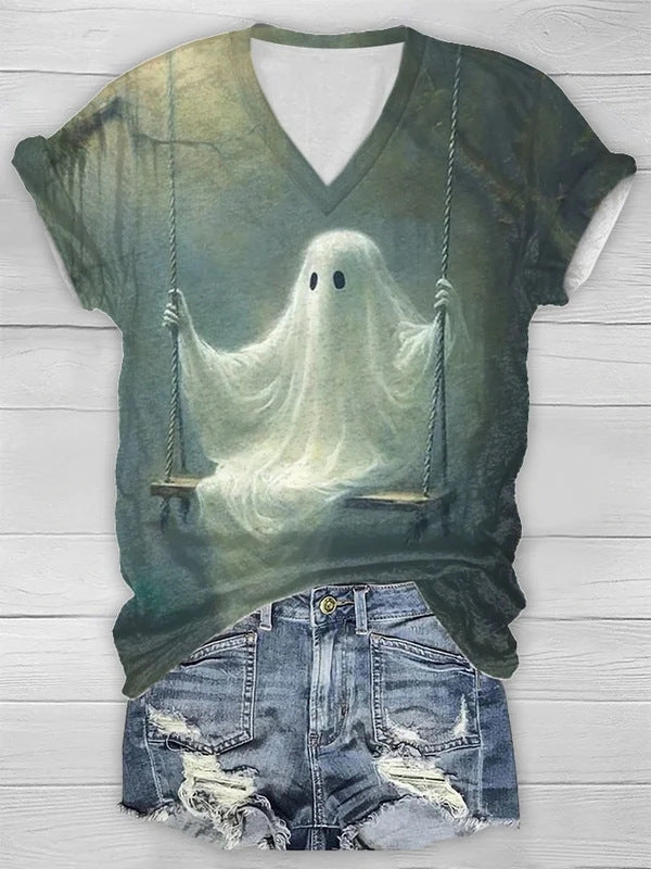 Halloween Pattern Printed Short-sleeved V-neck T-shirt Women's Top myETYN