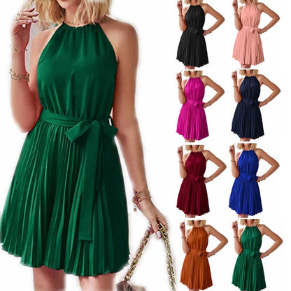 Halter Strapless Dresses For Women Solid Pleated Skirt Summer Beach Sundress myETYN