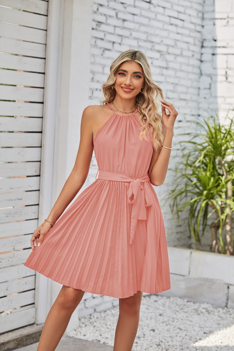 Halter Strapless Dresses For Women Solid Pleated Skirt Summer Beach Sundress myETYN