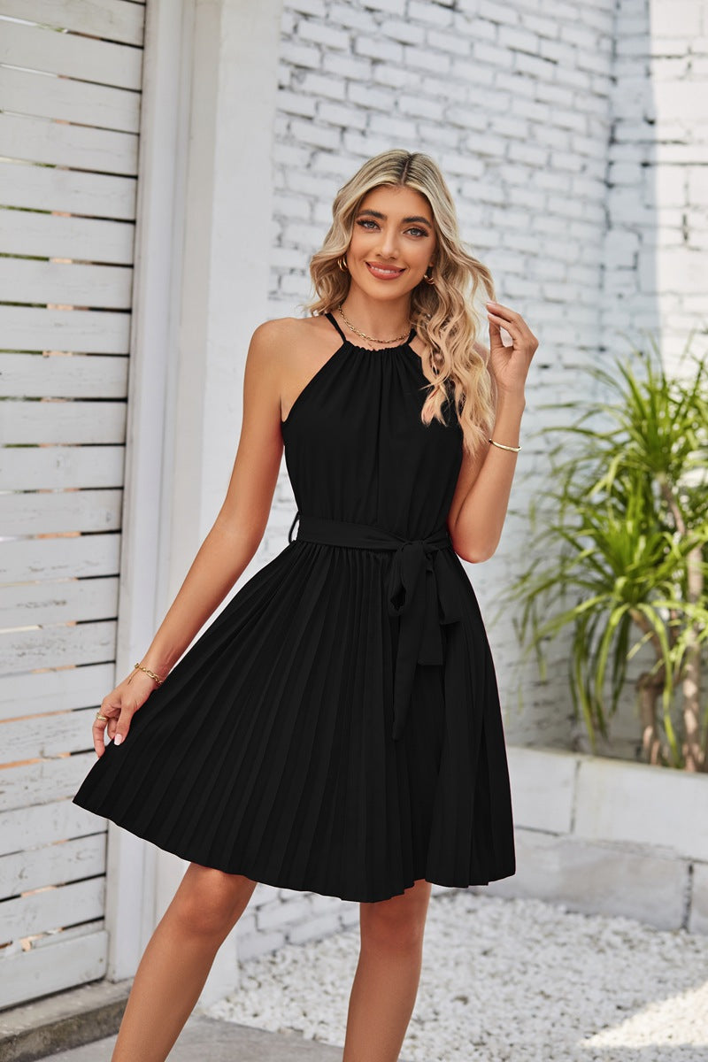 Halter Strapless Dresses For Women Solid Pleated Skirt Summer Beach Sundress myETYN