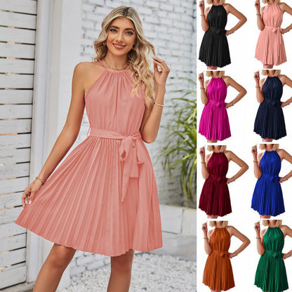 Halter Strapless Dresses For Women Solid Pleated Skirt Summer Beach Sundress myETYN