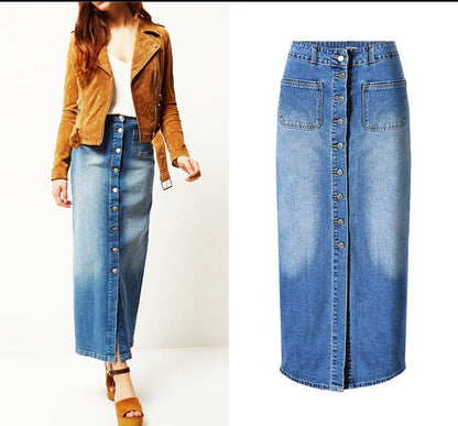 High Waist Split Long Washed Denim Skirt myETYN