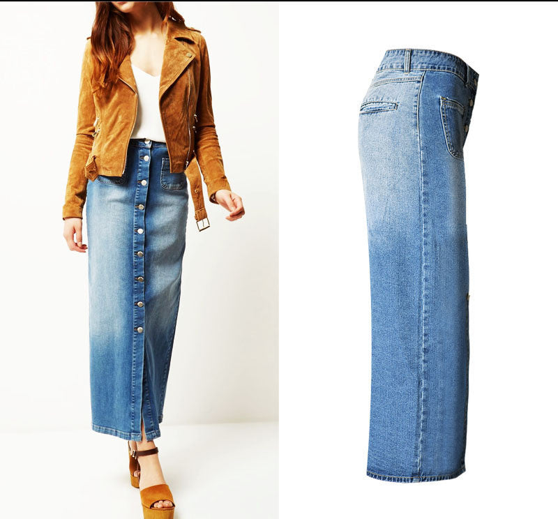 High Waist Split Long Washed Denim Skirt myETYN