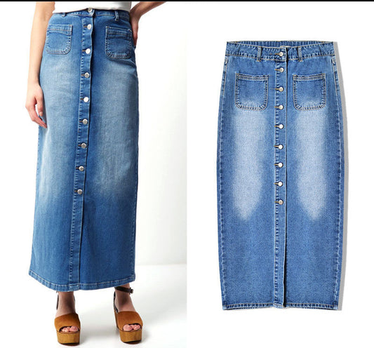 High Waist Split Long Washed Denim Skirt myETYN