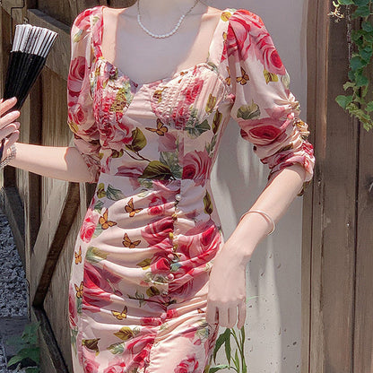 High-end Elegant Retro Rose Floral Dress Women's Clothing myETYN