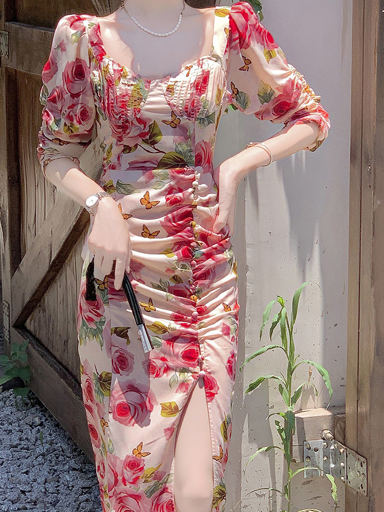 High-end Elegant Retro Rose Floral Dress Women's Clothing myETYN