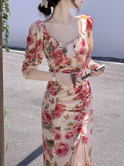 High-end Elegant Retro Rose Floral Dress Women's Clothing myETYN