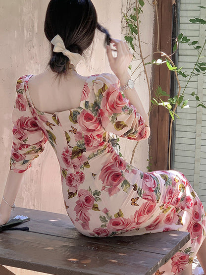 High-end Elegant Retro Rose Floral Dress Women's Clothing myETYN