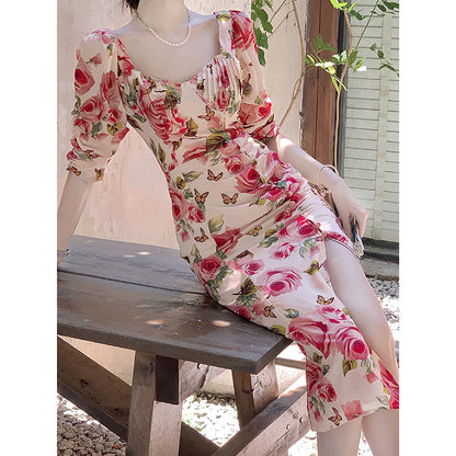 High-end Elegant Retro Rose Floral Dress Women's Clothing myETYN