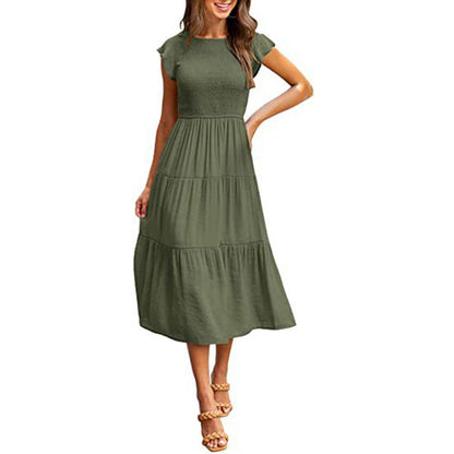 Holiday Style High Waist Dresses Summer Ruffled Sleeve A-line Beach Dress myETYN