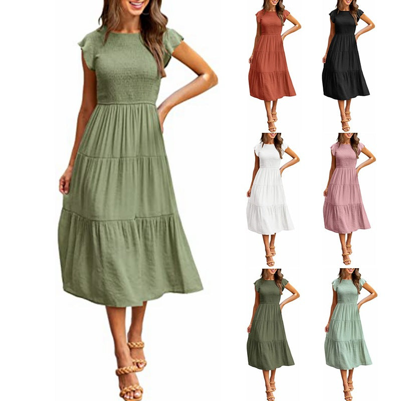 Holiday Style High Waist Dresses Summer Ruffled Sleeve A-line Beach Dress myETYN