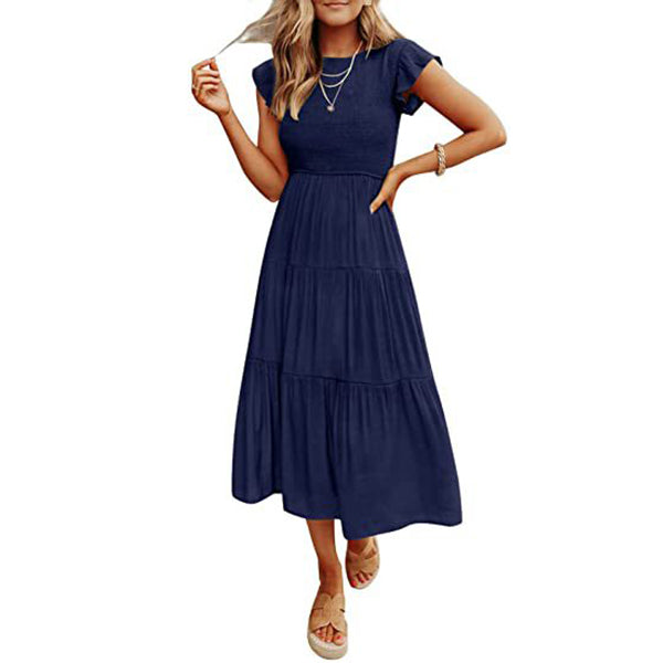 Holiday Style High Waist Dresses Summer Ruffled Sleeve A-line Beach Dress myETYN