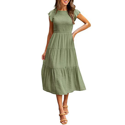 Holiday Style High Waist Dresses Summer Ruffled Sleeve A-line Beach Dress myETYN