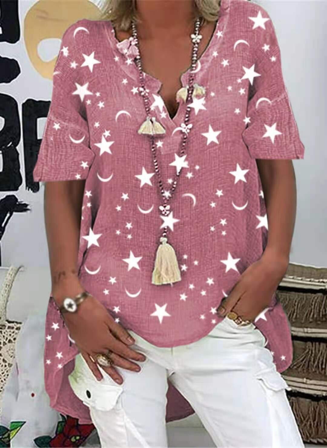 Hot V-neck Star Print Short-sleeve Shirt Top myETYN