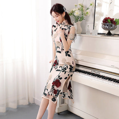 Improved Voile Embroidered Slim Fit Cheongsam Retro Stand Collar Short Sleeve Dress myETYN