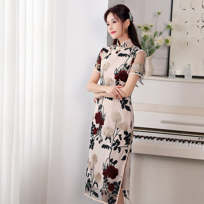 Improved Voile Embroidered Slim Fit Cheongsam Retro Stand Collar Short Sleeve Dress myETYN