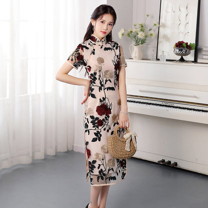 Improved Voile Embroidered Slim Fit Cheongsam Retro Stand Collar Short Sleeve Dress myETYN