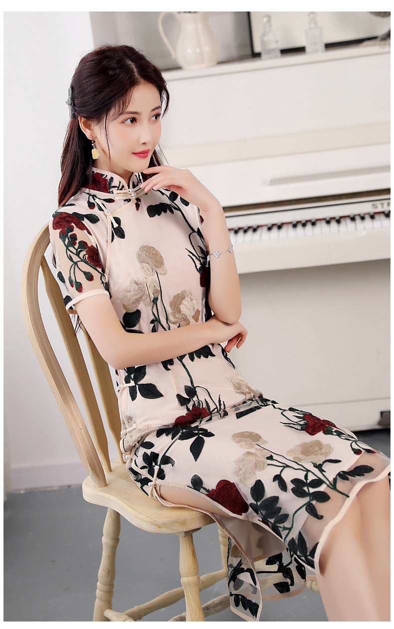 Improved Voile Embroidered Slim Fit Cheongsam Retro Stand Collar Short Sleeve Dress myETYN