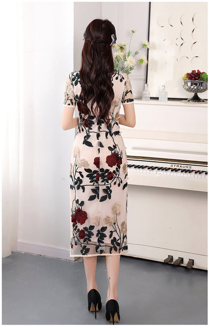 Improved Voile Embroidered Slim Fit Cheongsam Retro Stand Collar Short Sleeve Dress myETYN