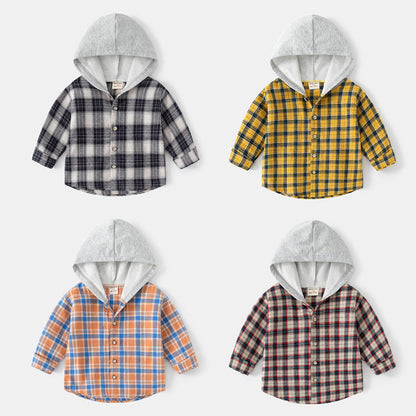 Korean Style Children's Long-sleeved Shirt Baby Plaid Hooded Shirt Trendy myETYN