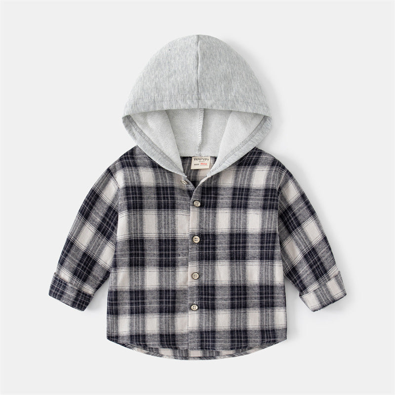 Korean Style Children's Long-sleeved Shirt Baby Plaid Hooded Shirt Trendy myETYN