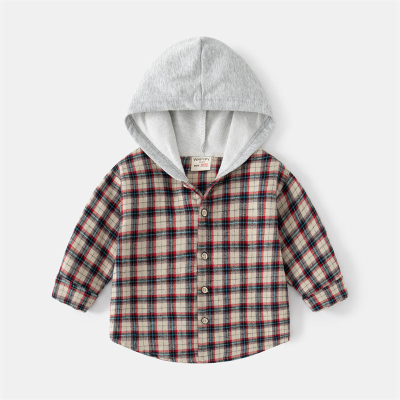 Korean Style Children's Long-sleeved Shirt Baby Plaid Hooded Shirt Trendy myETYN