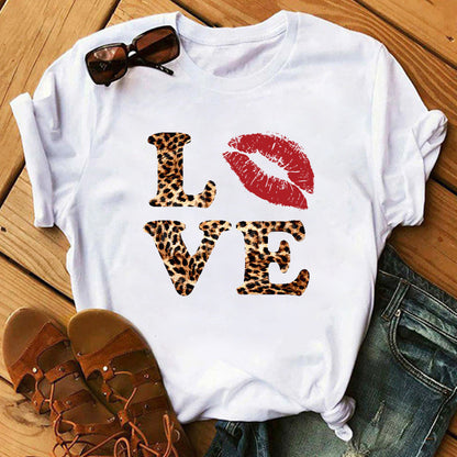 LOVE Leopard Print Lips Short-sleeved Top Bottoming Shirt myETYN