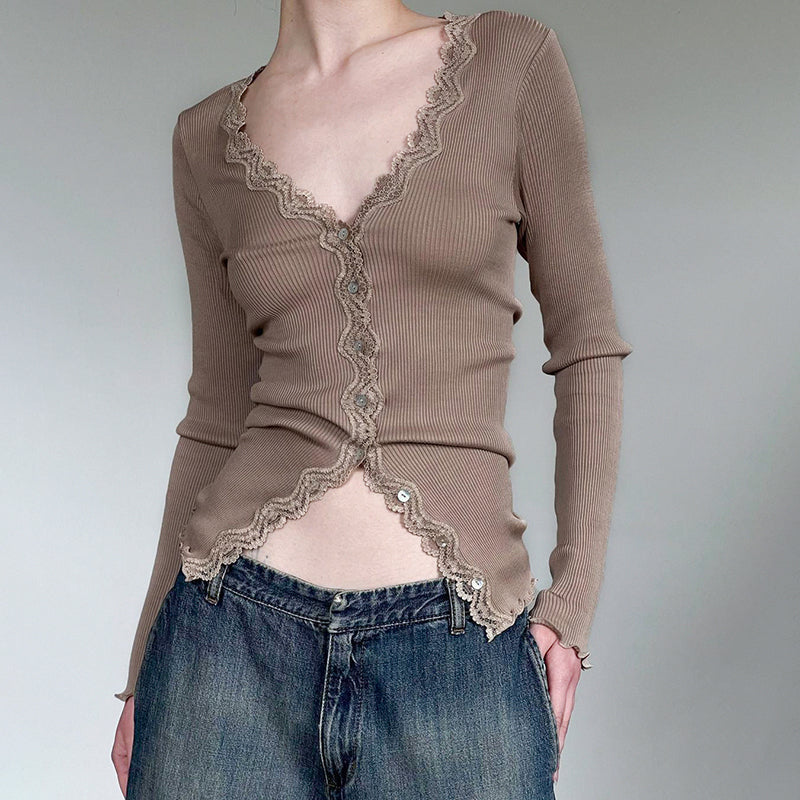 Lace Spliced Ribbed Slim Long Sleeve T-shirt myETYN