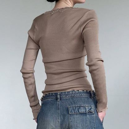 Lace Spliced Ribbed Slim Long Sleeve T-shirt myETYN