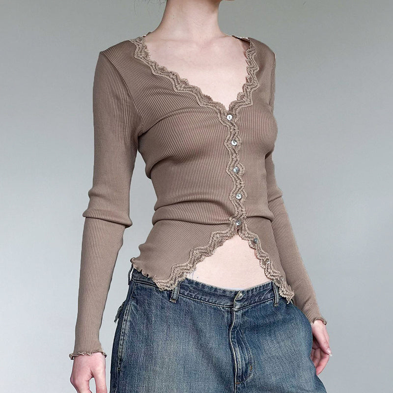 Lace Spliced Ribbed Slim Long Sleeve T-shirt myETYN