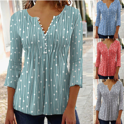 Ladies' V-Neck Fashion Printed Long-Sleeve Blouse myETYN