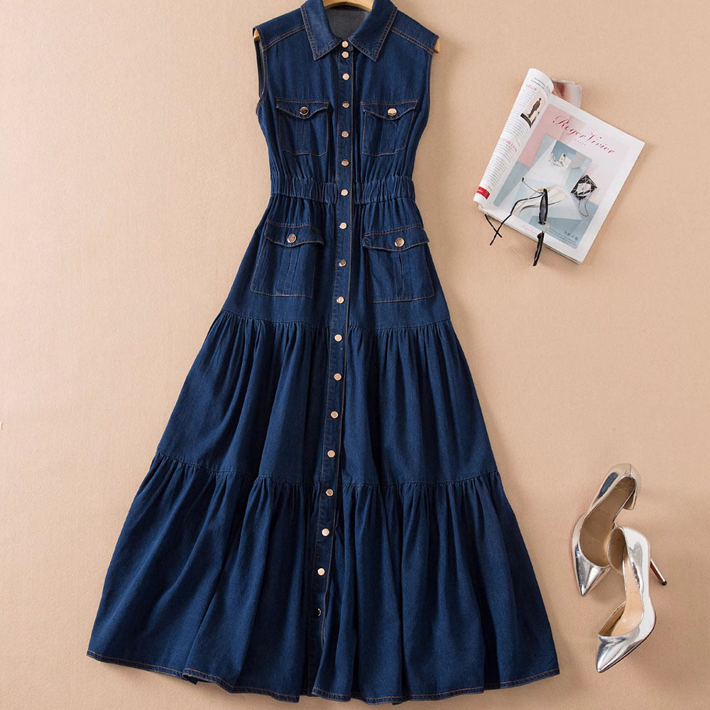 Lapel Single Breasted Elastic Waist Casual Denim Dress myETYN