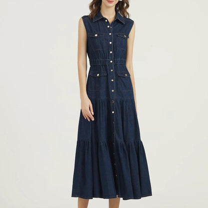 Lapel Single Breasted Elastic Waist Casual Denim Dress myETYN