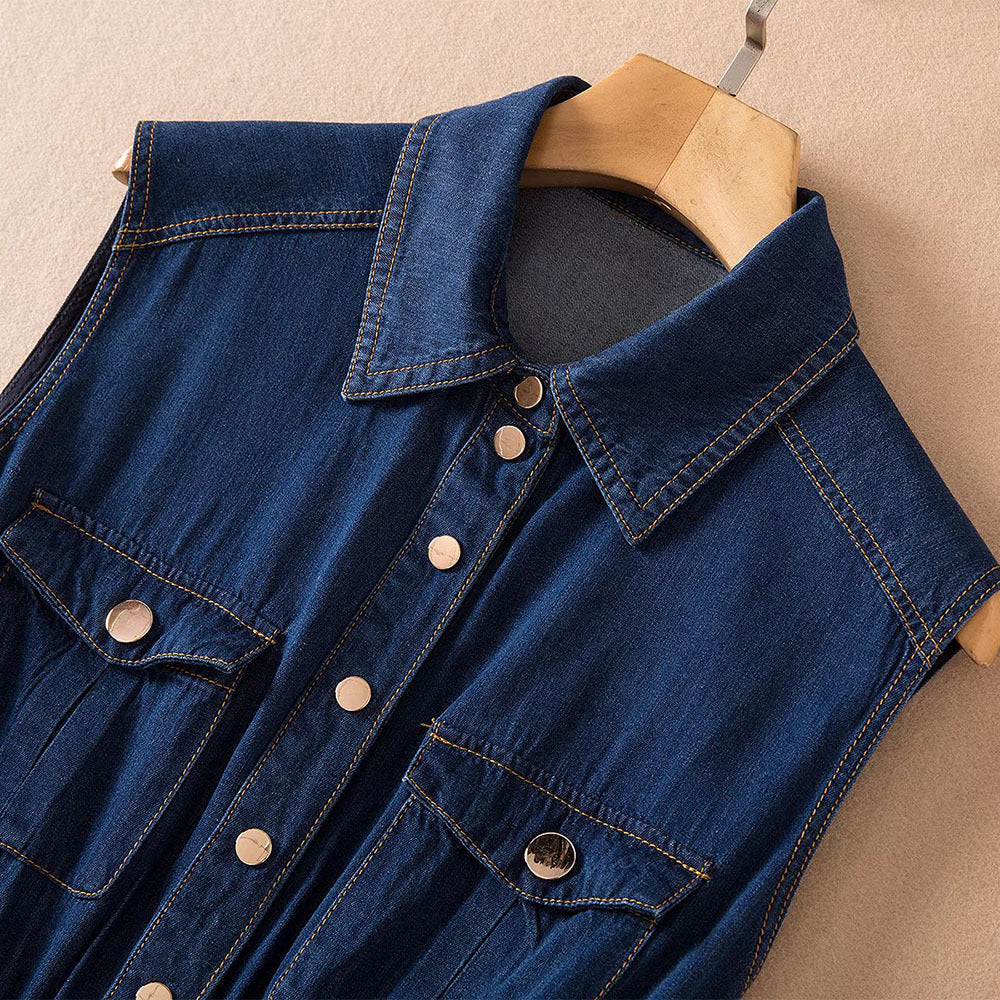 Lapel Single Breasted Elastic Waist Casual Denim Dress myETYN