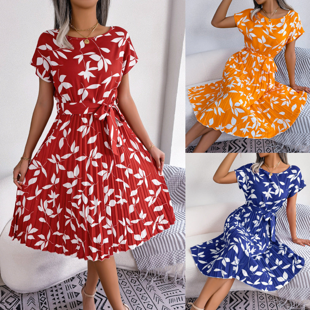 Leaf Print Dress Women Short Sleeve Beach Dress myETYN