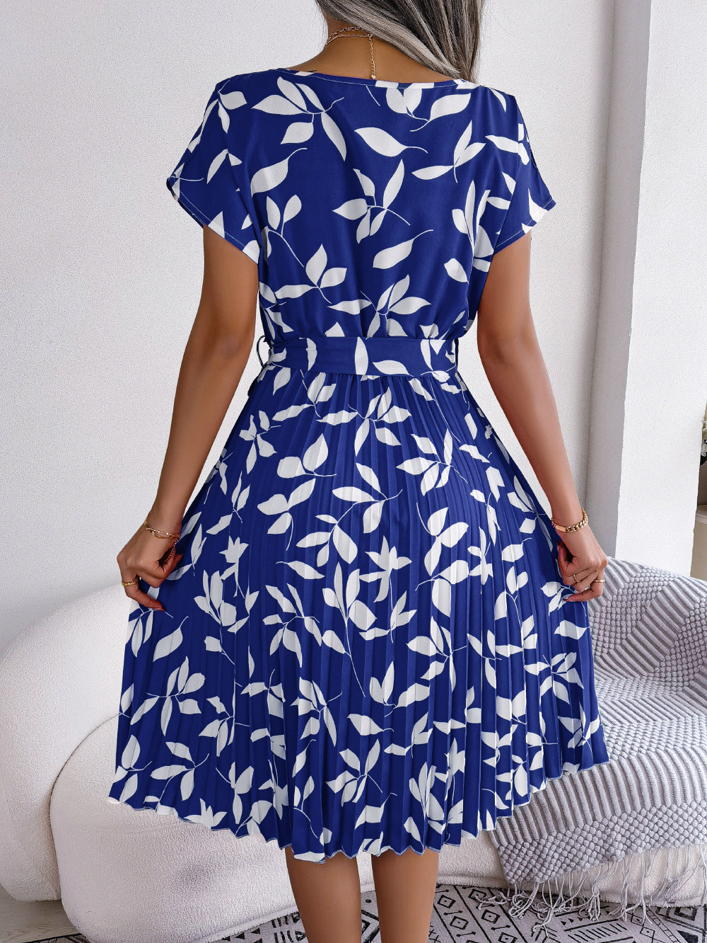 Leaf Print Dress Women Short Sleeve Beach Dress myETYN