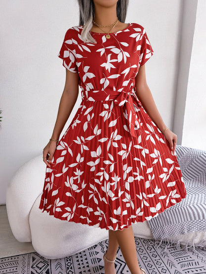 Leaf Print Dress Women Short Sleeve Beach Dress myETYN