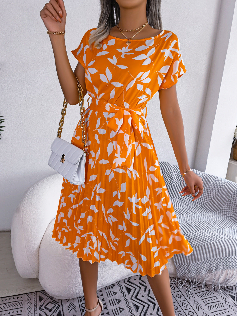 Leaf Print Dress Women Short Sleeve Beach Dress myETYN