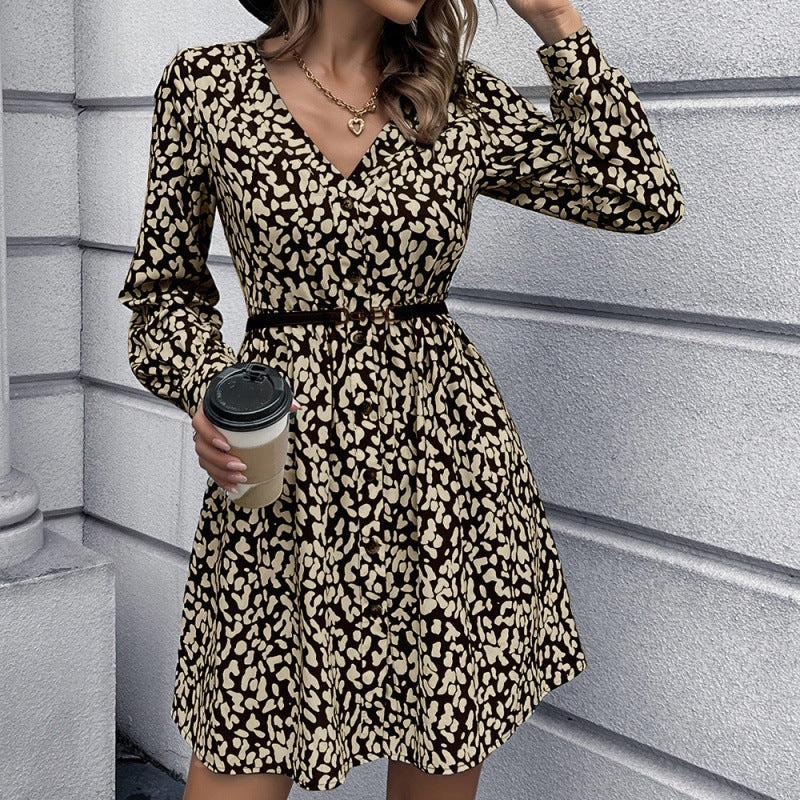 Leopard Print Deep V-Neck Mid-Length Dress myETYN