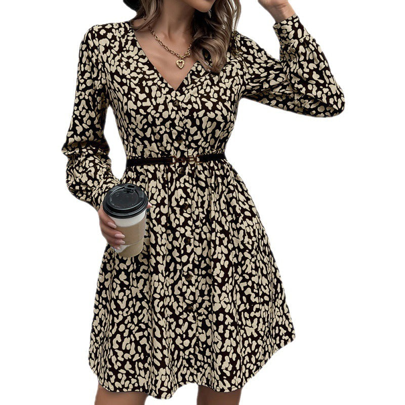 Leopard Print Deep V-Neck Mid-Length Dress myETYN